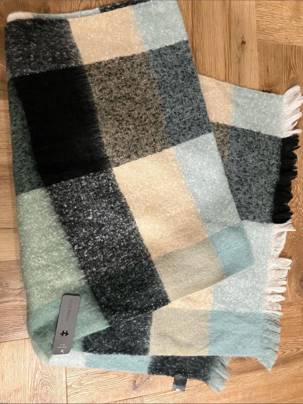 Hot Paws Plaid Fringe Blanket Scarf Wrap in Light Blue, Black & Cream